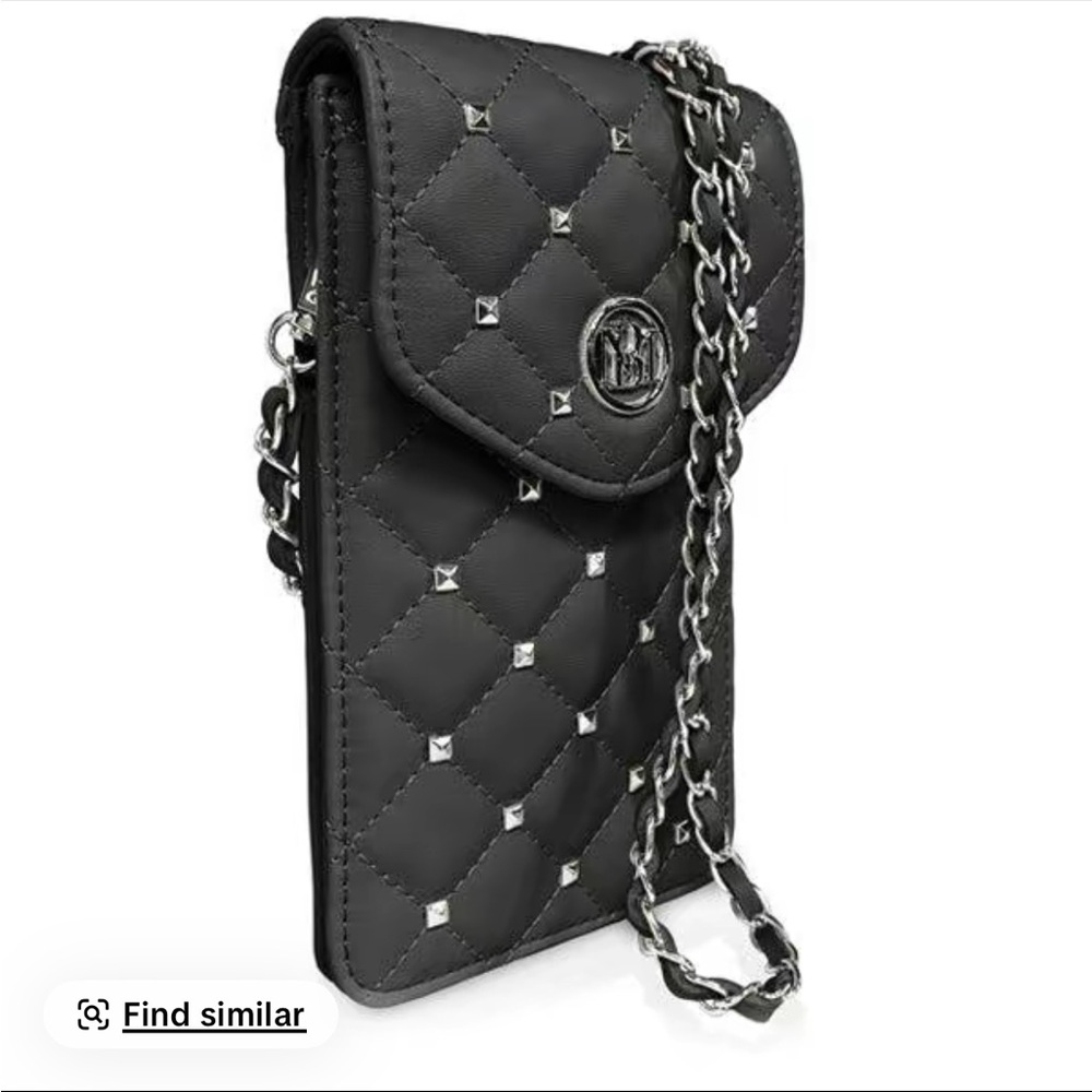 Badgley Mischka Black Studded Quilted Crossbody Phone Bag Chain Strap